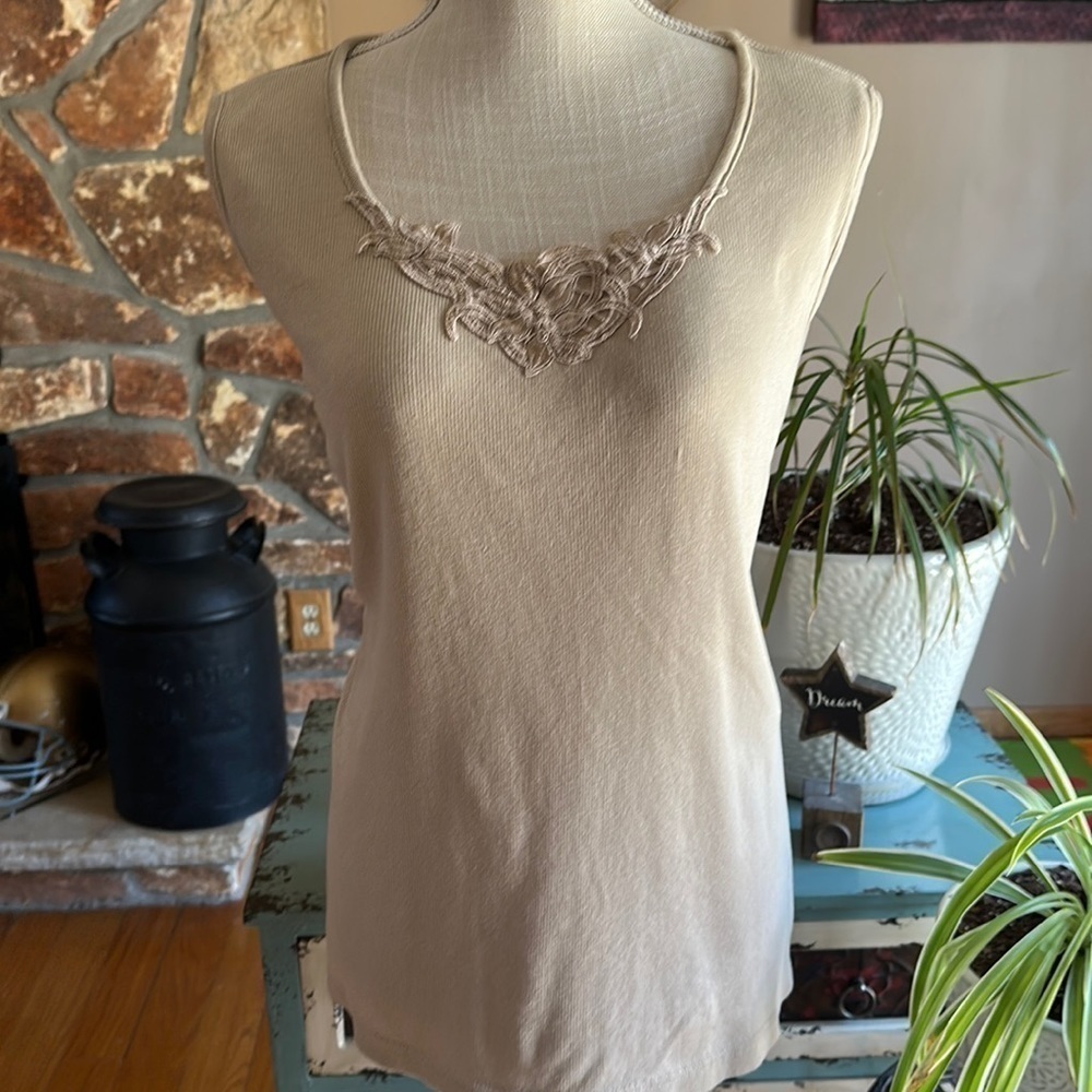 White Stag Women’s Ribbed Floral Appliqué Tank Plus Size 22W/24W Beige